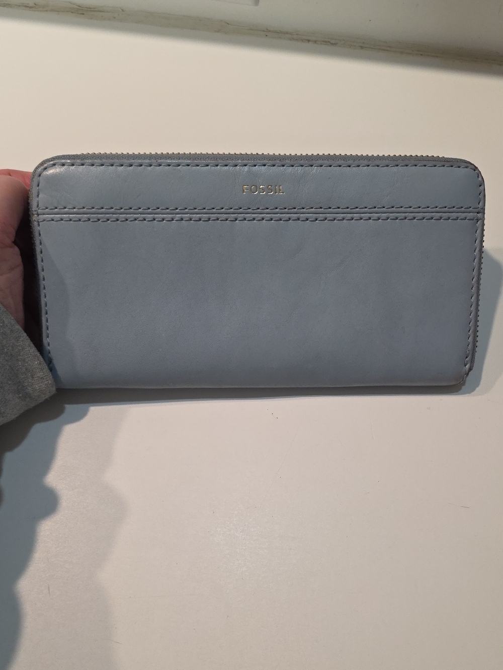 Fossil Light Blue Leather Zip Wallet with Gold Logo